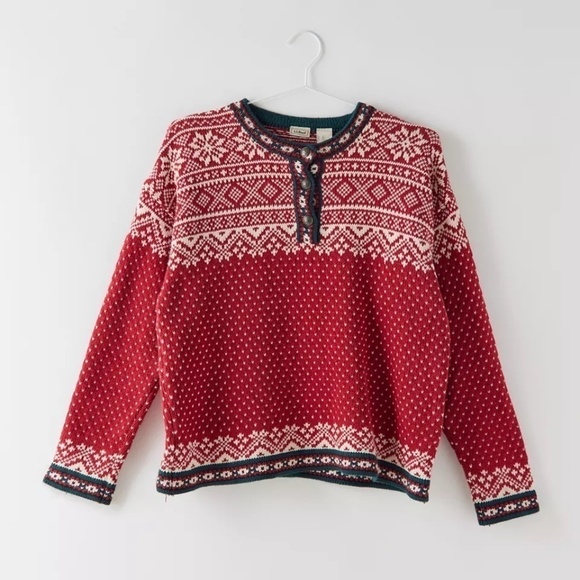 Vintage L.L.Bean Red Sweater Fair Isle lcelandic Ski Apres Nordic Chunky Knit S - Picture 2 of 7